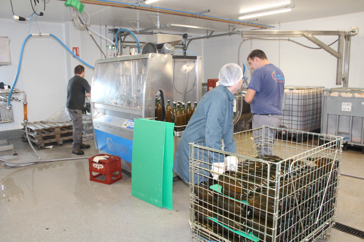 Travailleurs en situation de handicap fabriquant du jus de pomme